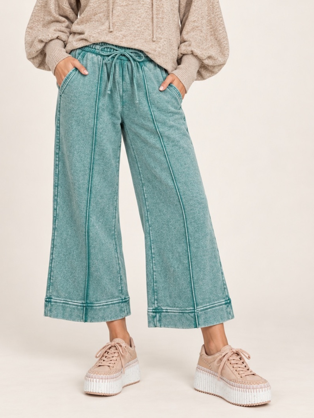 Zenana Teal Acid Wash Fleece Pintuck Wide-Leg Cropped Pants